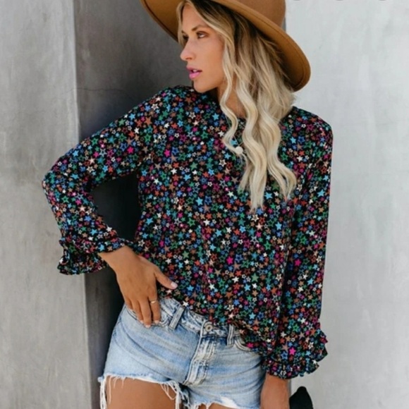 NWT Current Air Star Print Multicolor Flowy Ruffle Blouse - Picture 1 of 9